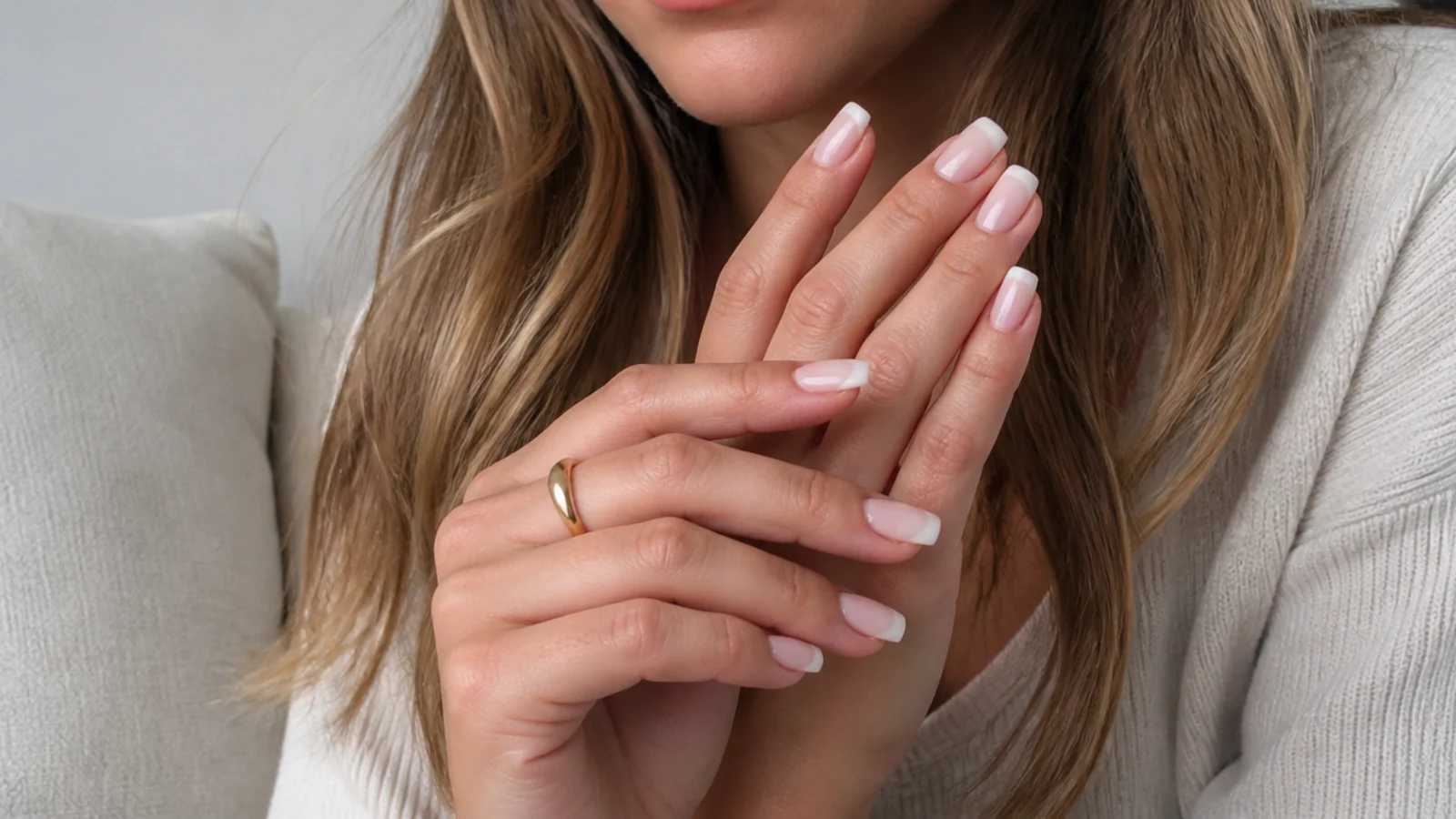 Short square baby boomer nails with a soft ombre