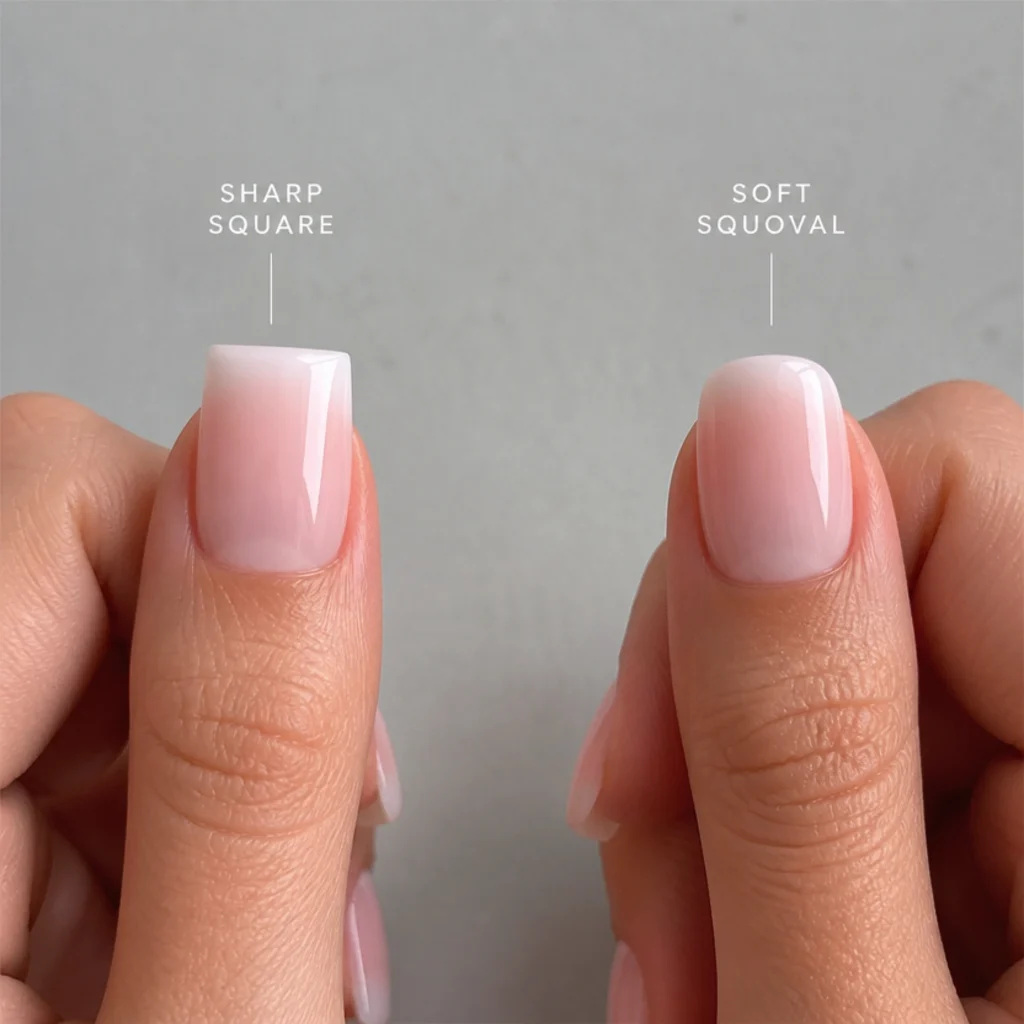 A sharp square nail next to a soft squoval nail