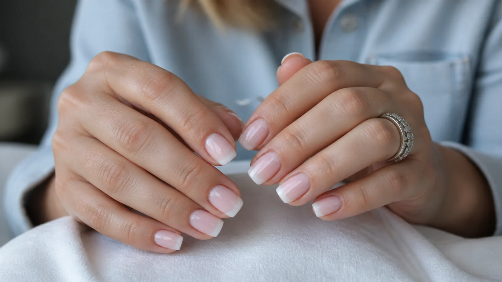 Practical short square baby boomer nails on active hands