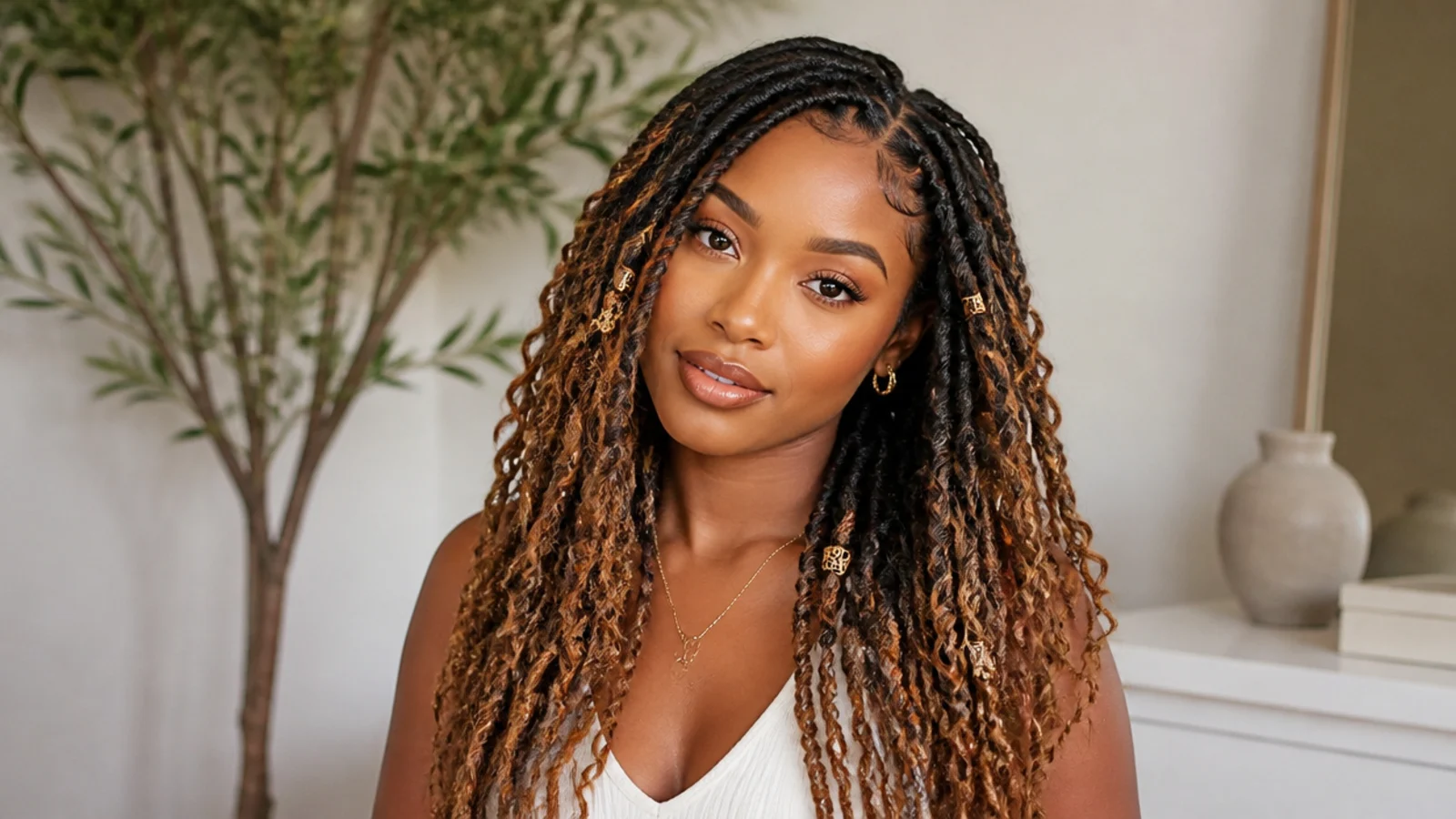 Butterfly locs fading from dark roots to honey blonde ends