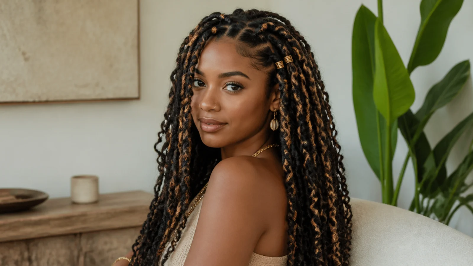 Dark butterfly locs with blonde highlights woven through
