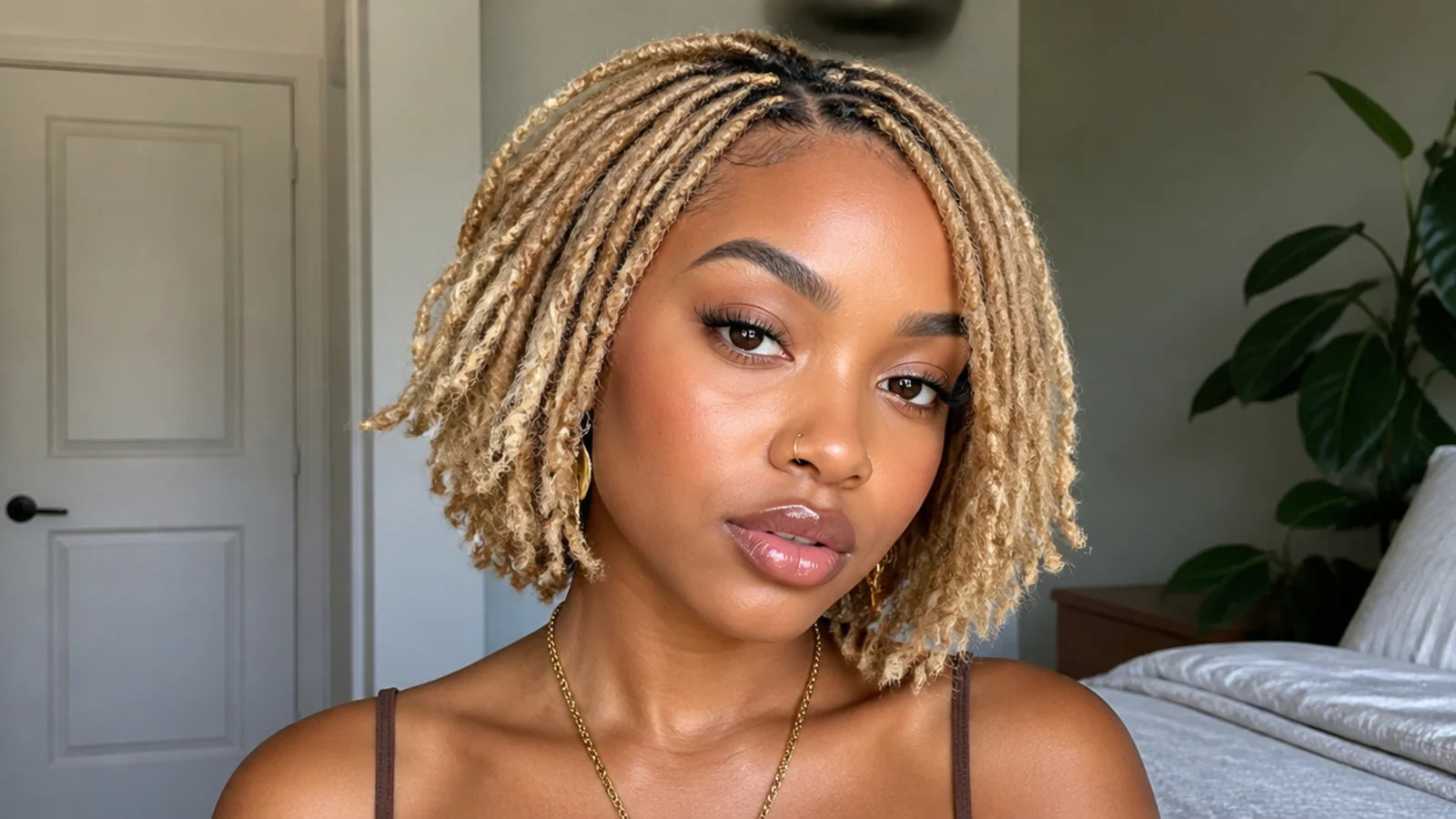 Short blonde butterfly locs bob