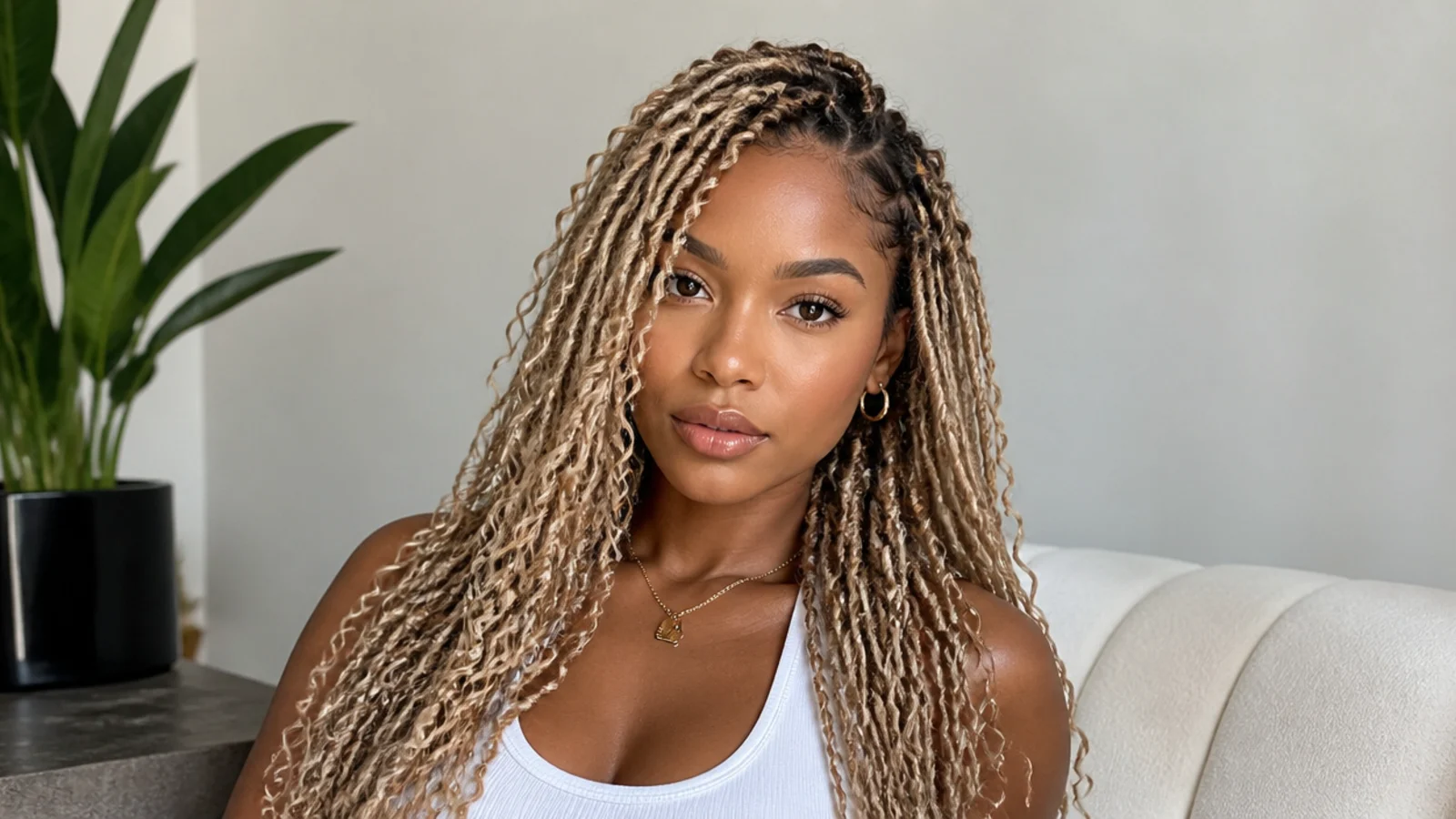 Blonde butterfly locs with darker shadow roots