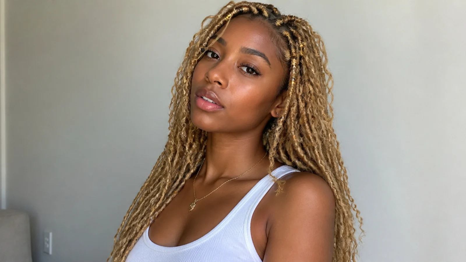 Blonde butterfly locs with gold cuffs and beads