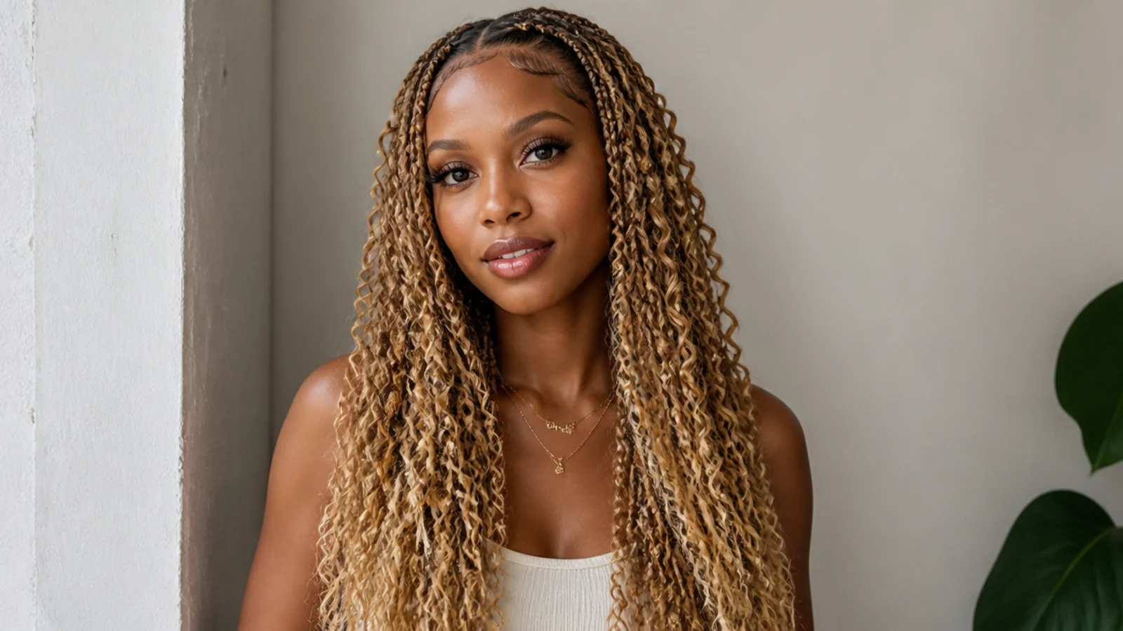 Long blonde butterfly locs with curly ends left out