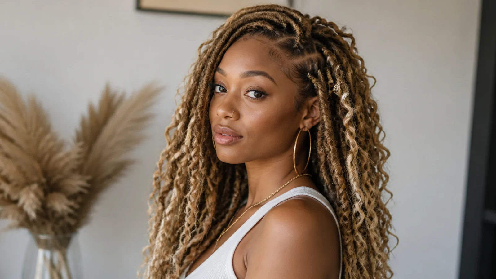 Butterfly locs blending honey and caramel blonde tones