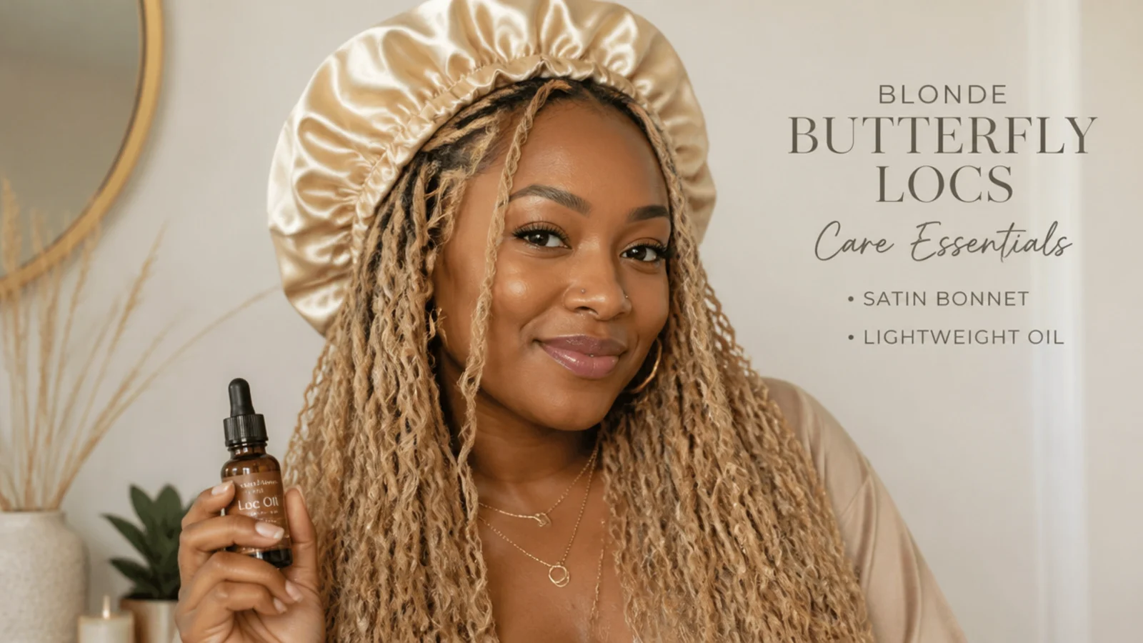 Satin bonnet and light oil for blonde butterfly locs care