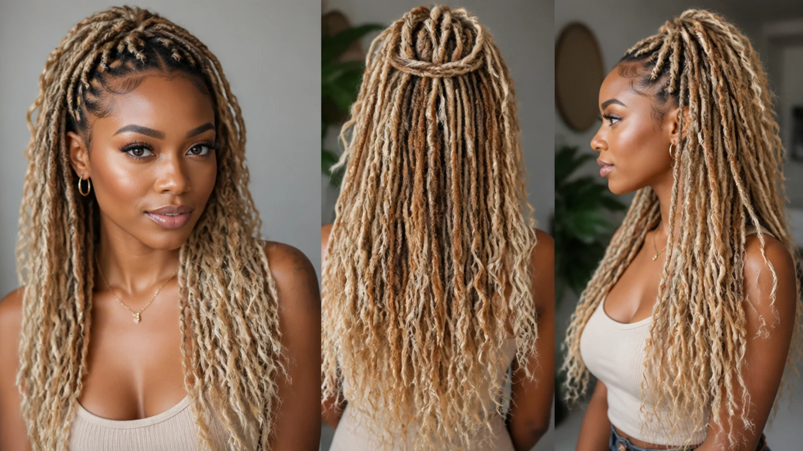 Blonde butterfly locs shown in warm and cool shades