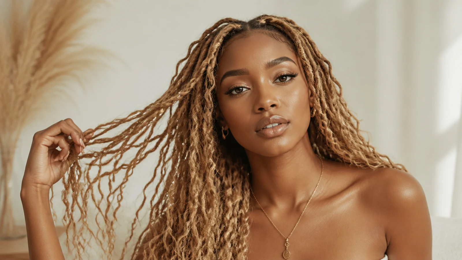 Warm honey blonde butterfly locs with boho texture