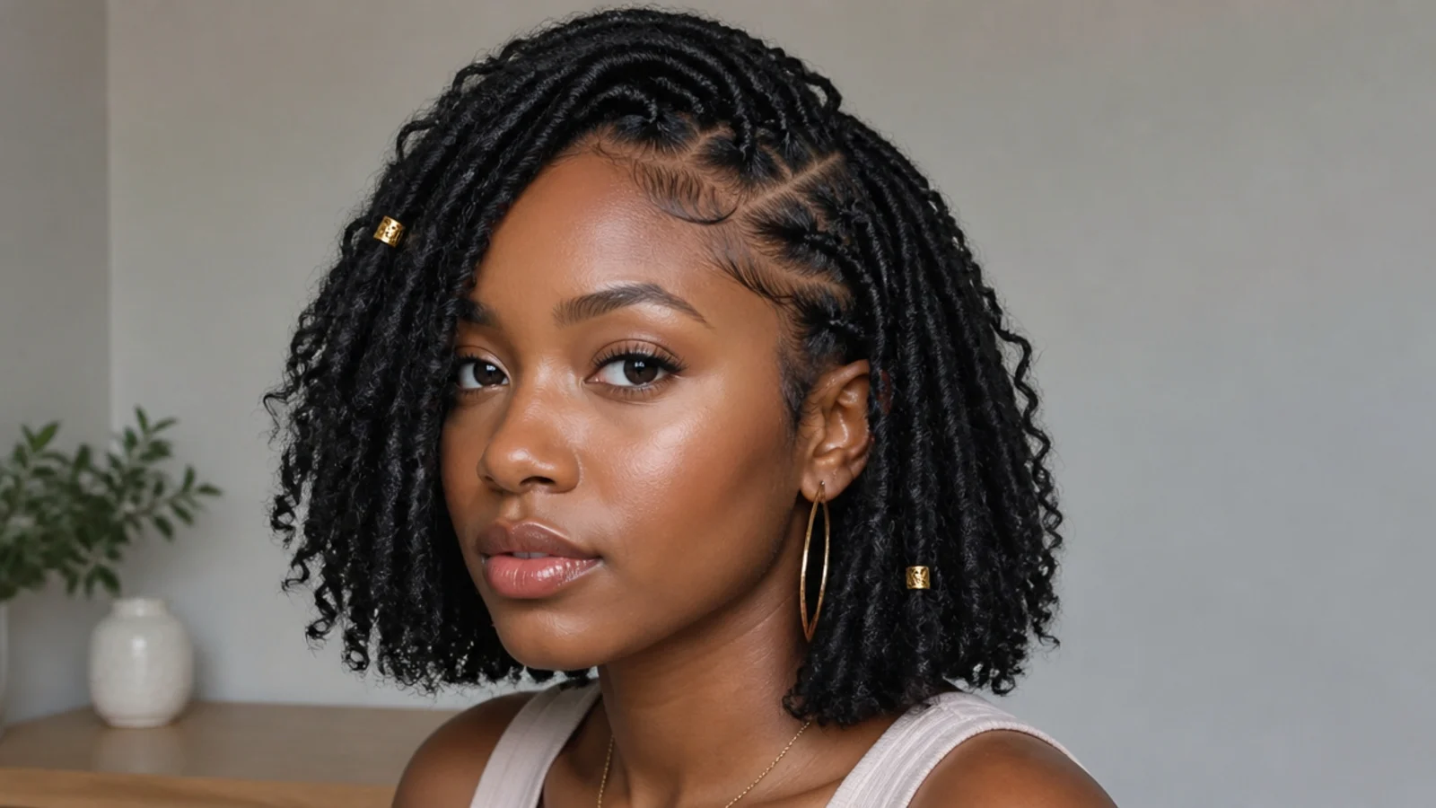 Butterfly locs bob with a deep side part