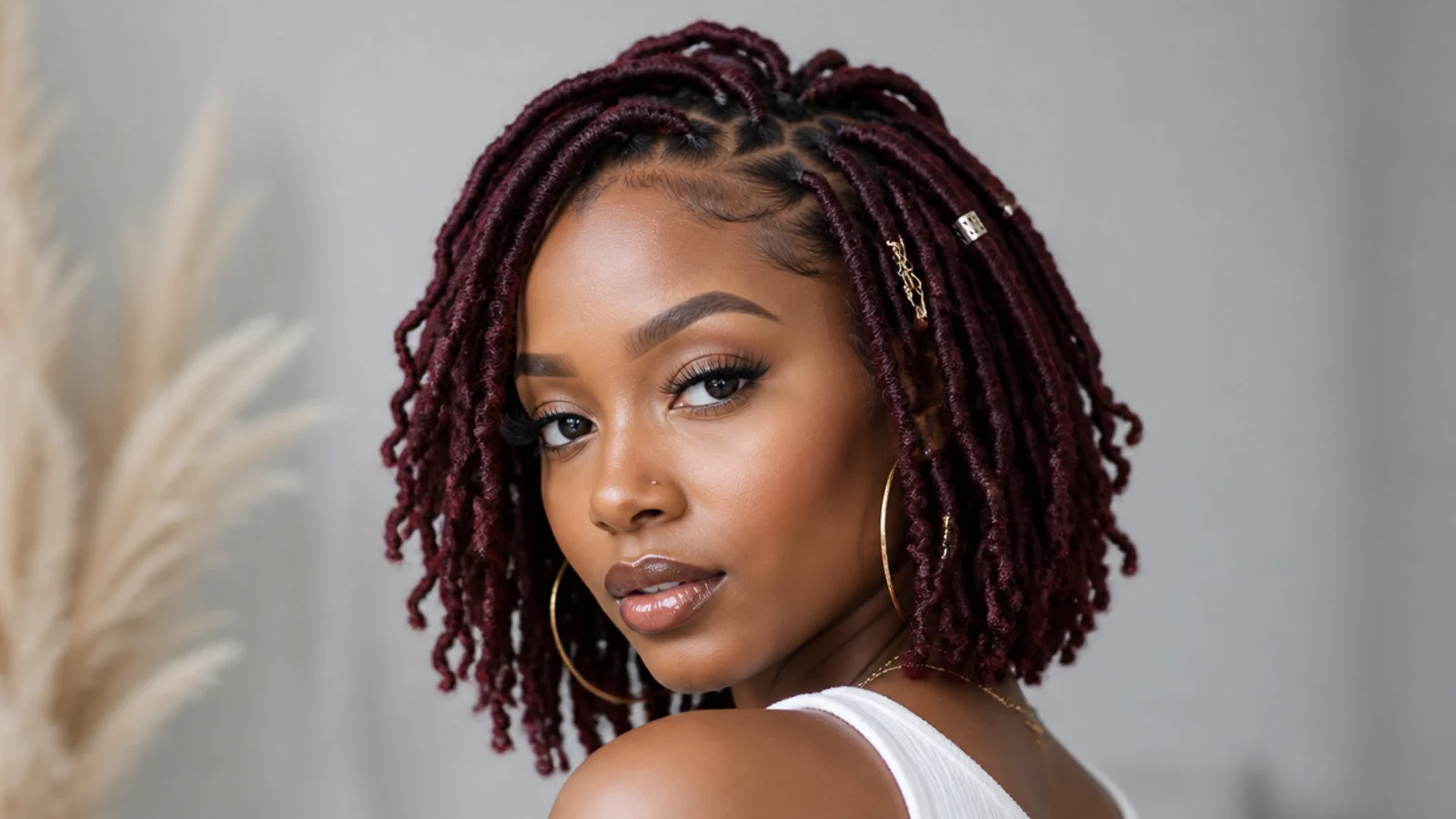 Deep burgundy butterfly locs bob