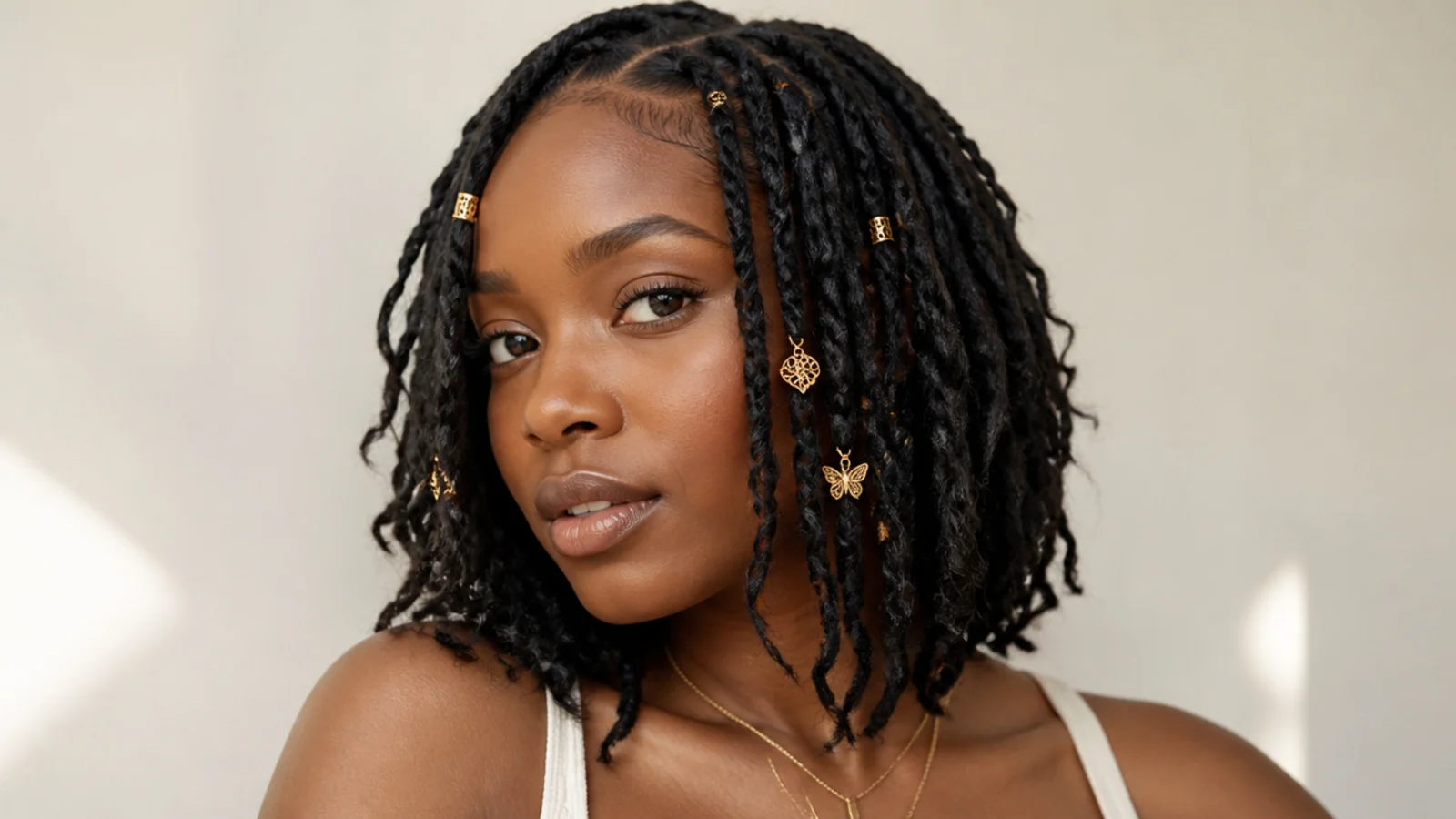 Butterfly locs bob with gold cuffs and beads