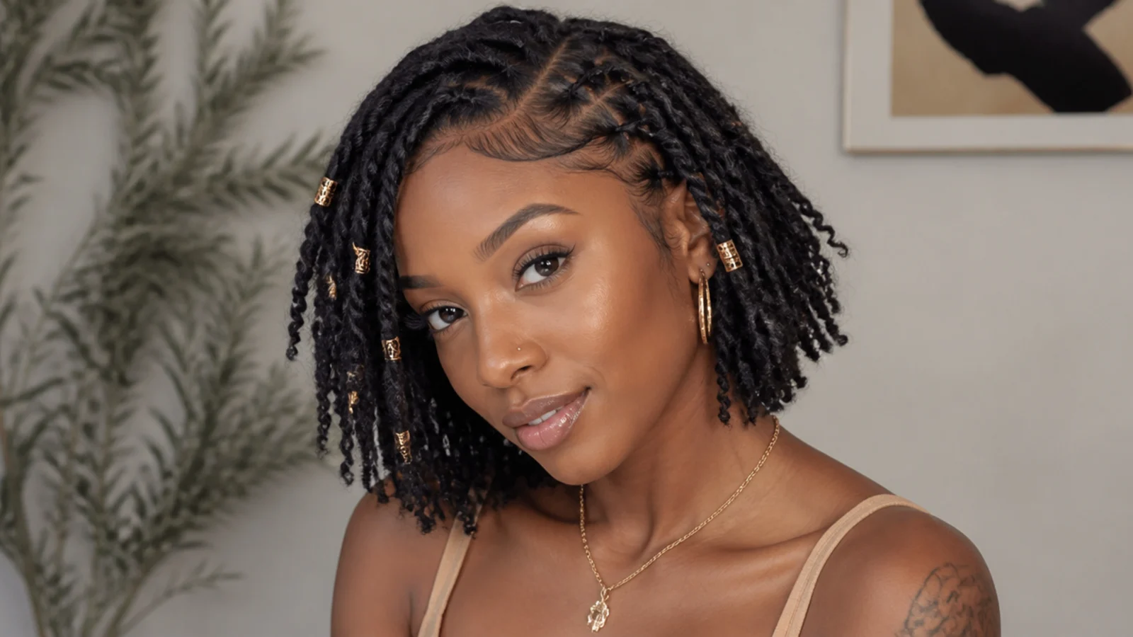 Butterfly locs bob styled with a side part and cuffs