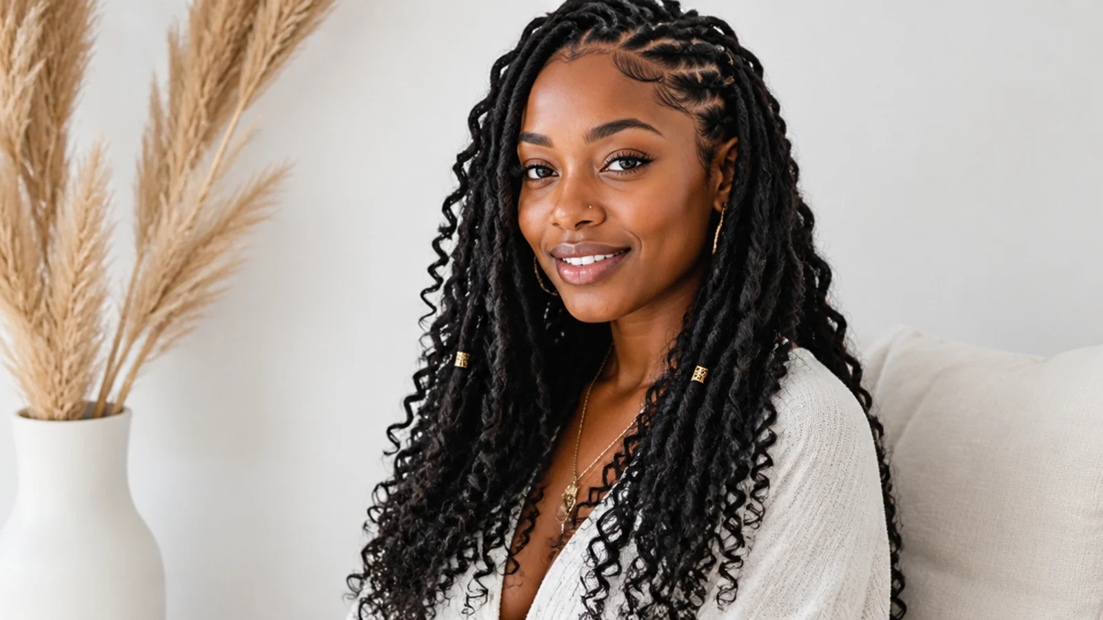 Boho butterfly locs with soft curls left out at the ends
