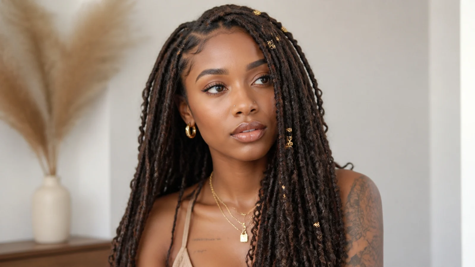 Boho butterfly locs accessorised with gold cuffs and beads