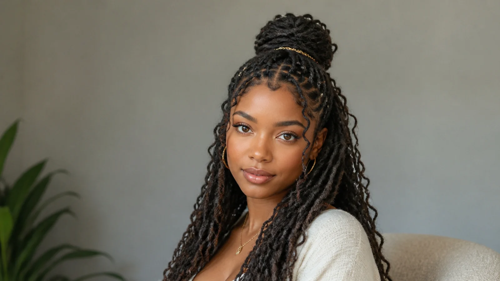 Boho butterfly locs in a soft half-up bun