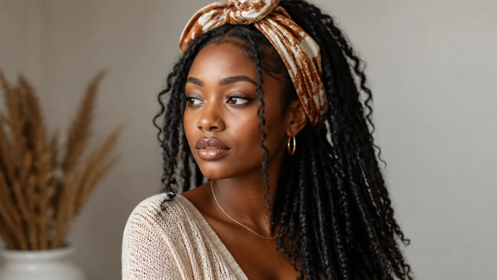 Boho butterfly locs styled with a patterned headscarf