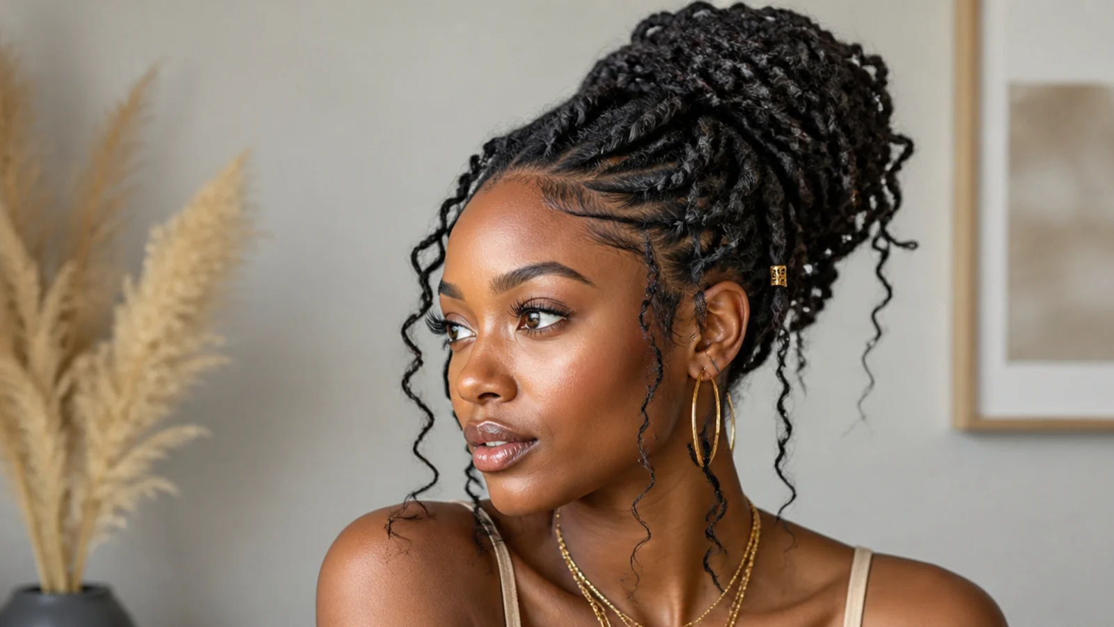 Boho butterfly locs in a soft messy high bun