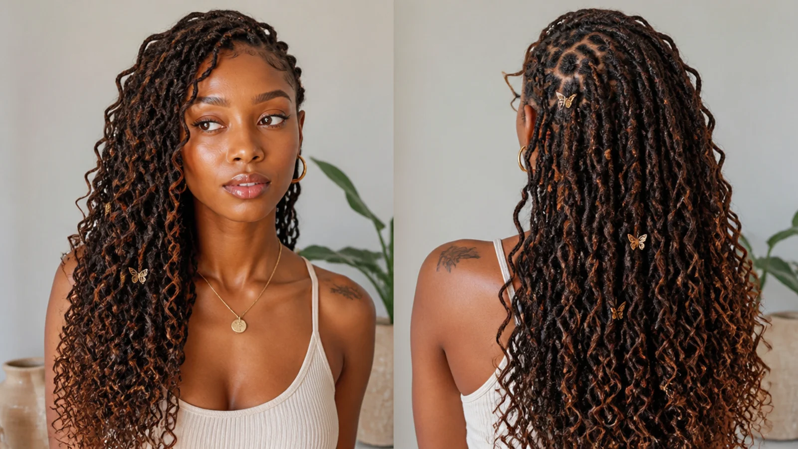 Distressed boho butterfly locs swept over one shoulder