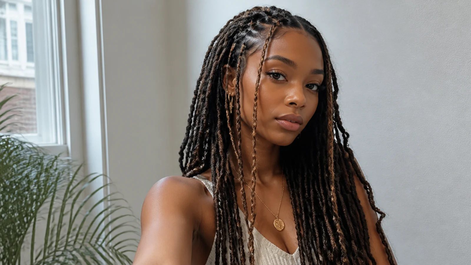 Boho butterfly locs with lighter face-framing pieces