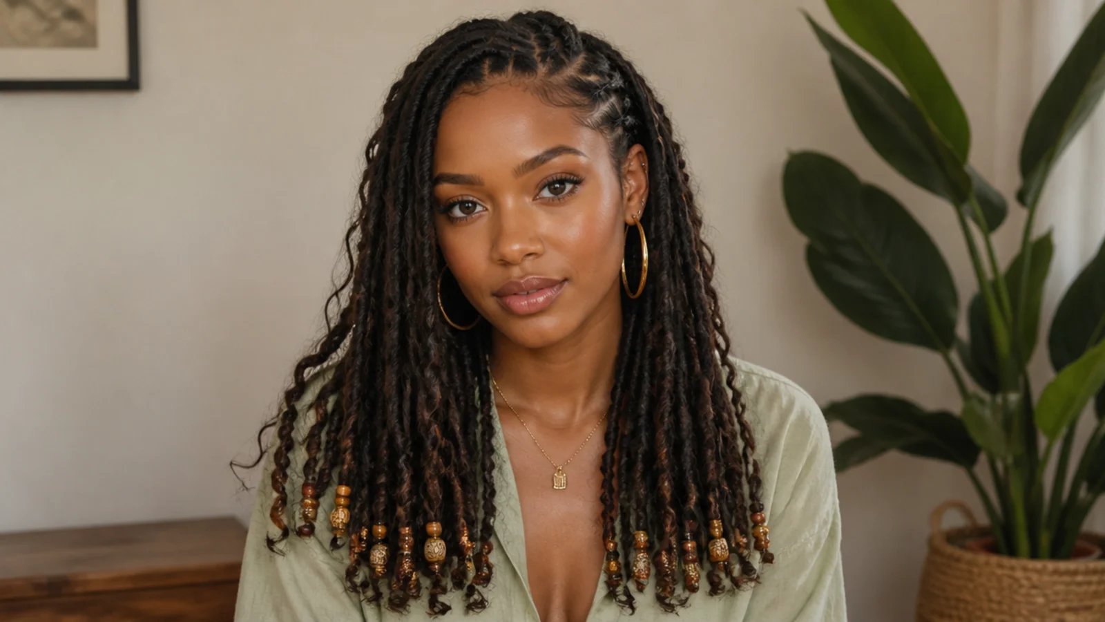 Boho butterfly locs with wooden and gold beads at the ends