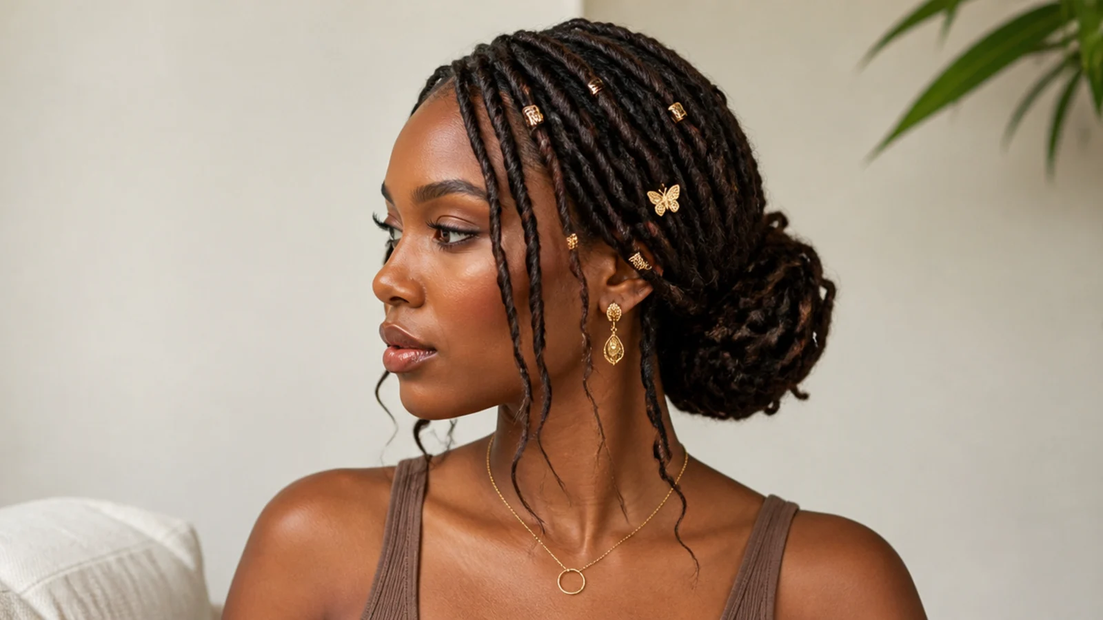 Boho butterfly locs in a soft low loose bun