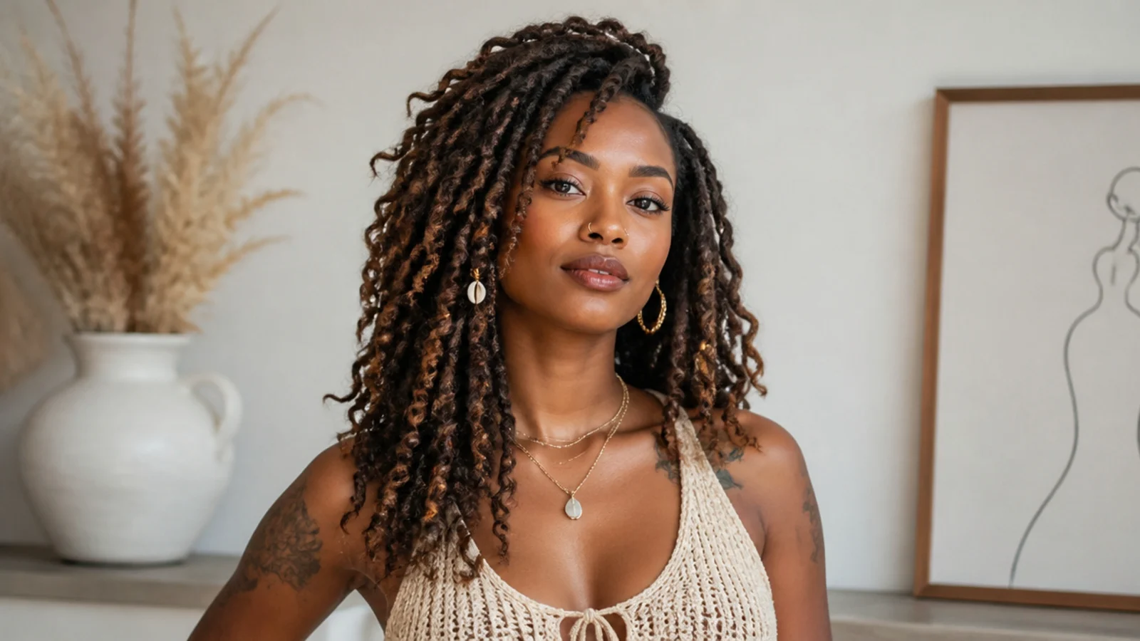 Distressed boho butterfly locs at mixed lengths
