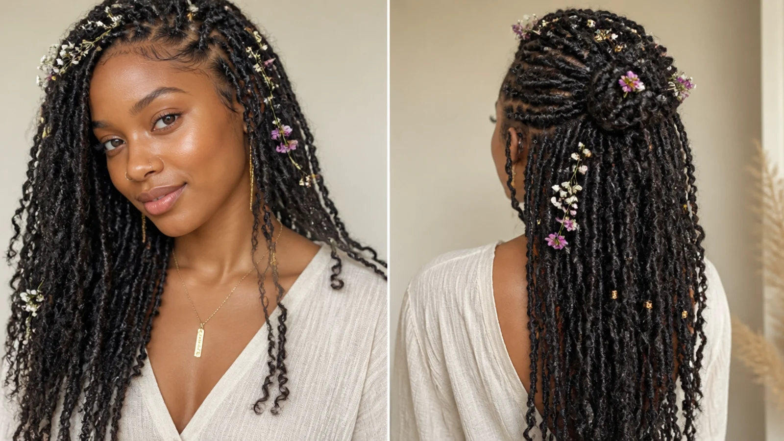 Boho butterfly locs styled with small floral accents