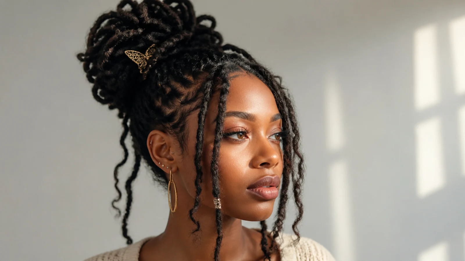 Boho butterfly locs in a soft messy bun with loose pieces