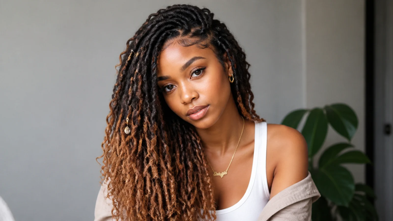 Butterfly locs fading from dark roots to caramel ends