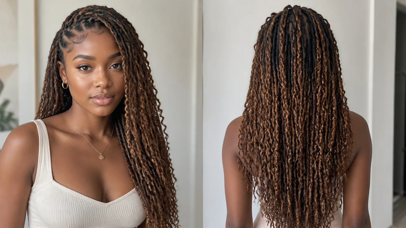 Dark butterfly locs with honey highlights woven through
