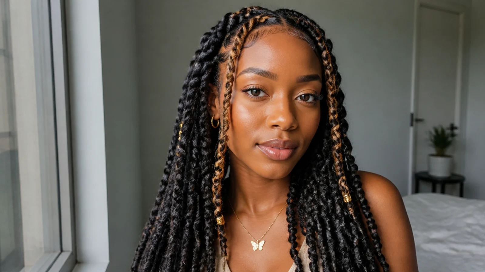 Dark butterfly locs with bright face-framing colour pieces