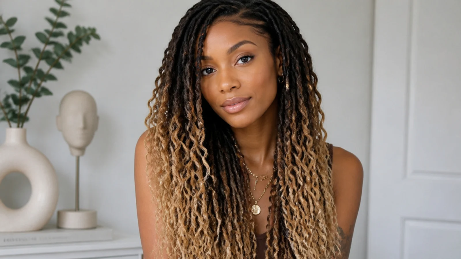 Butterfly locs fading from dark roots to blonde ends
