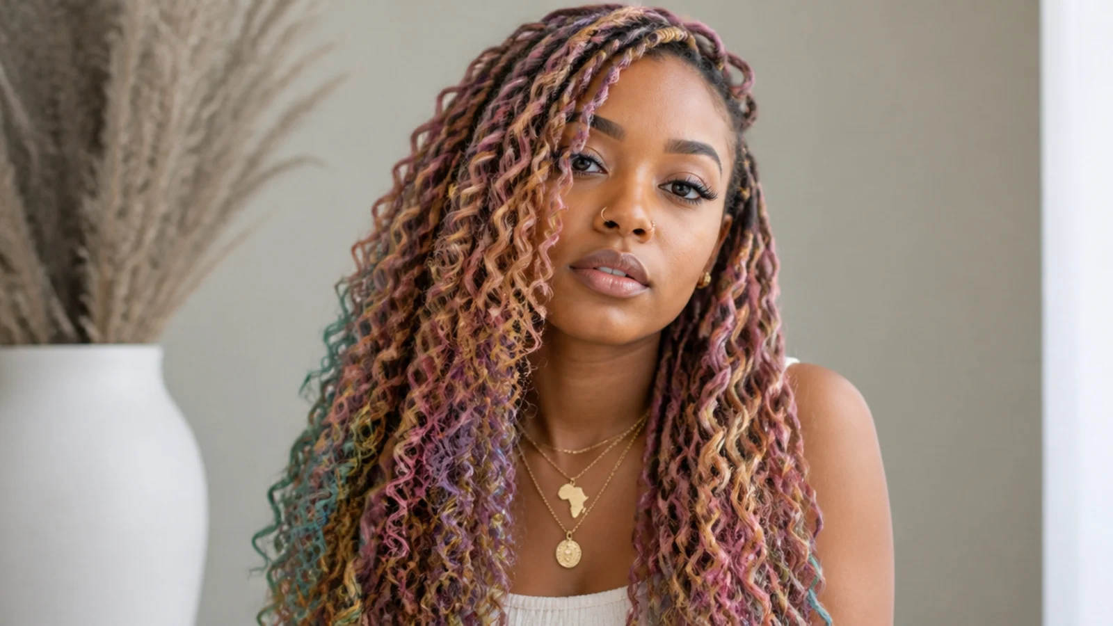 Butterfly locs in a soft pastel rainbow mix