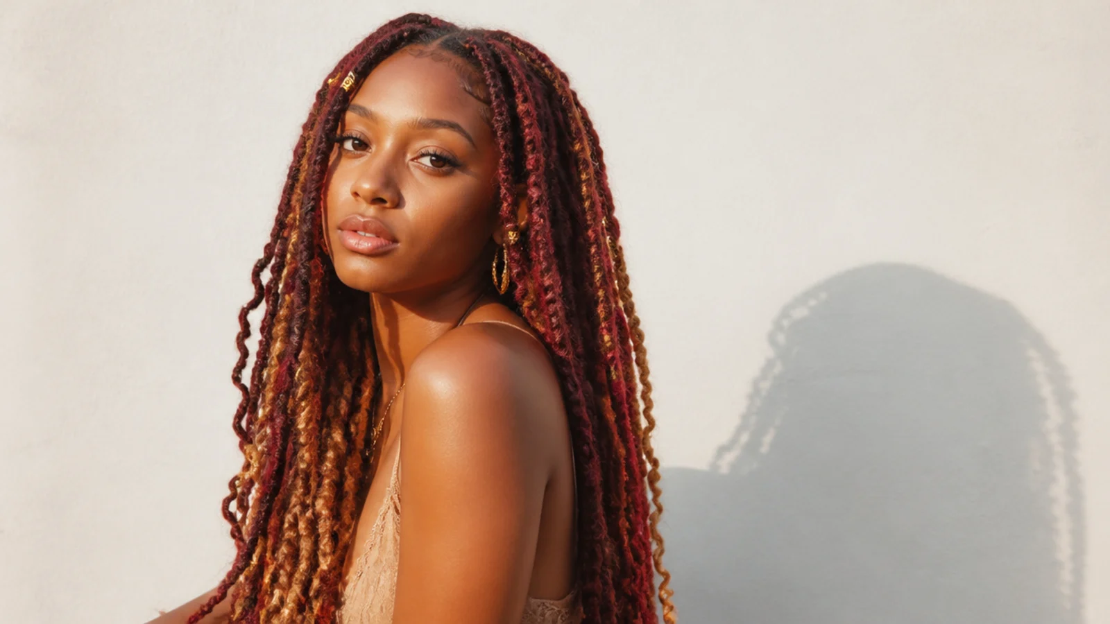 Colourful butterfly locs in burgundy, honey and ombre shades