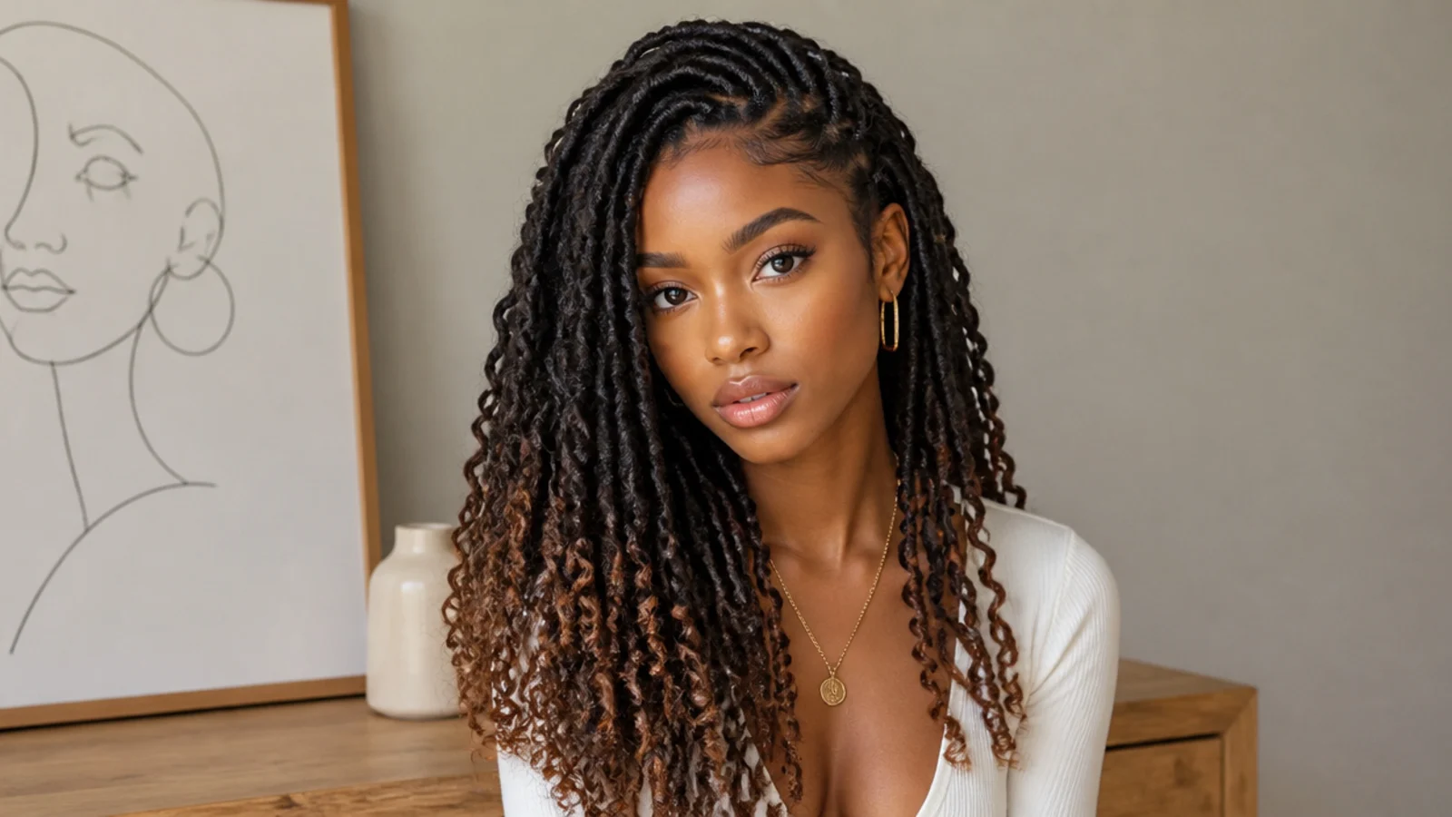 Butterfly locs fading from dark roots to brown ends