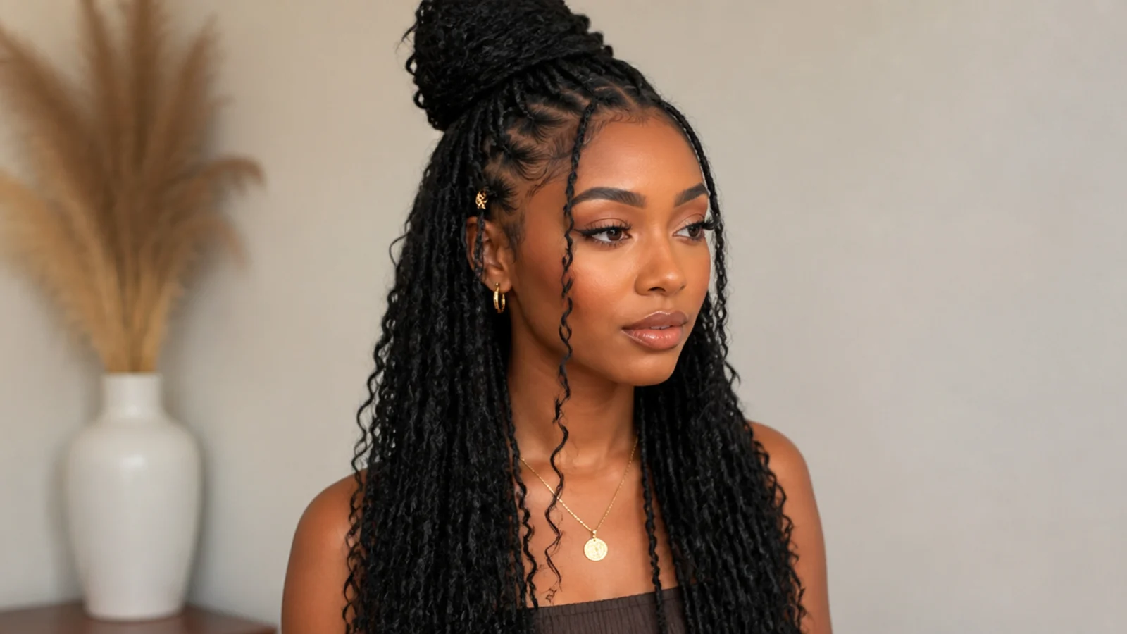 Butterfly locs styled in a half-up bun
