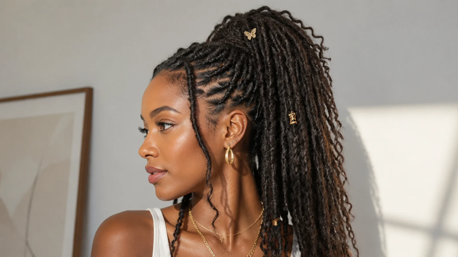 Butterfly locs gathered into a high ponytail