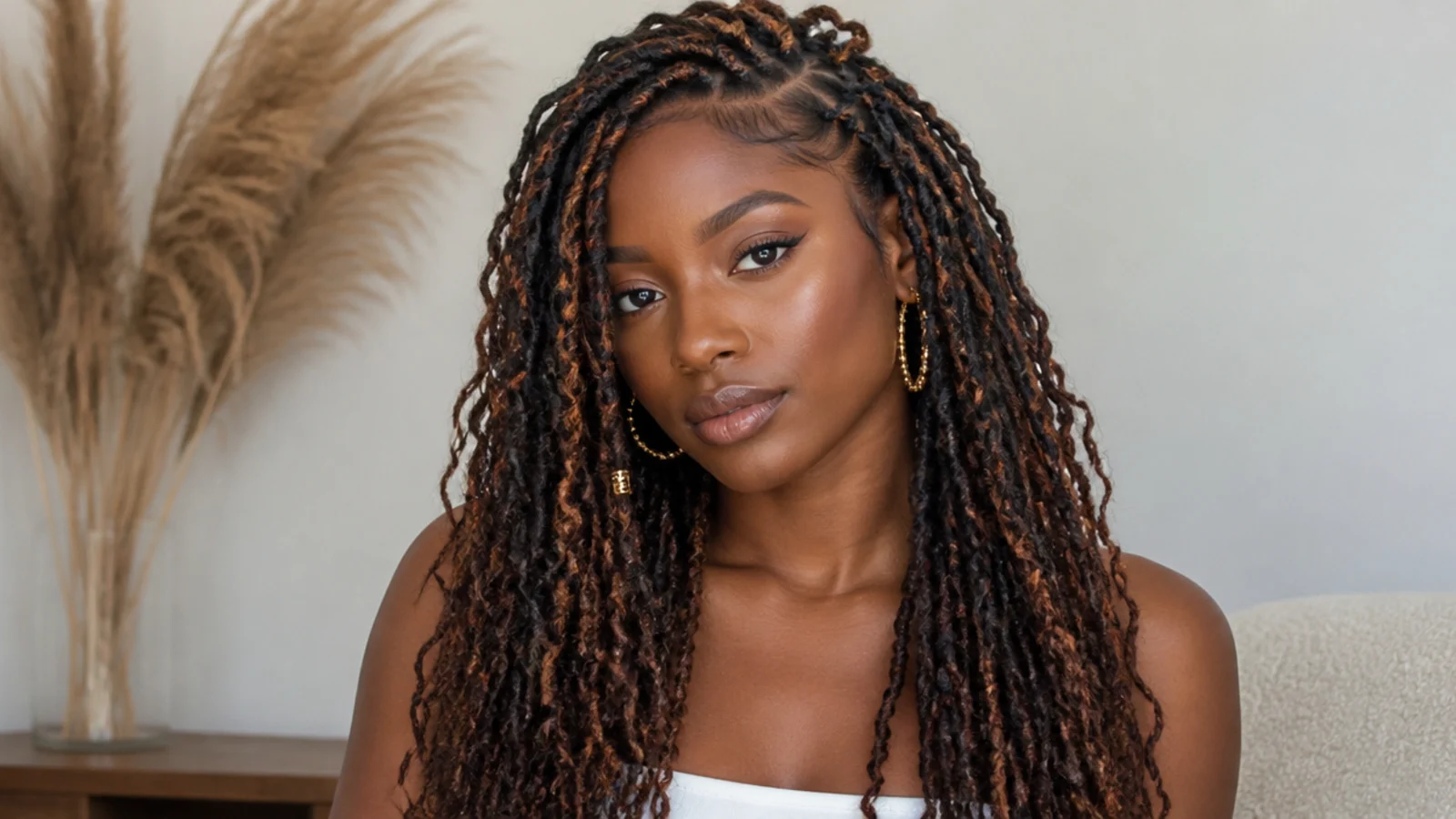 Dark butterfly locs with caramel highlights woven through