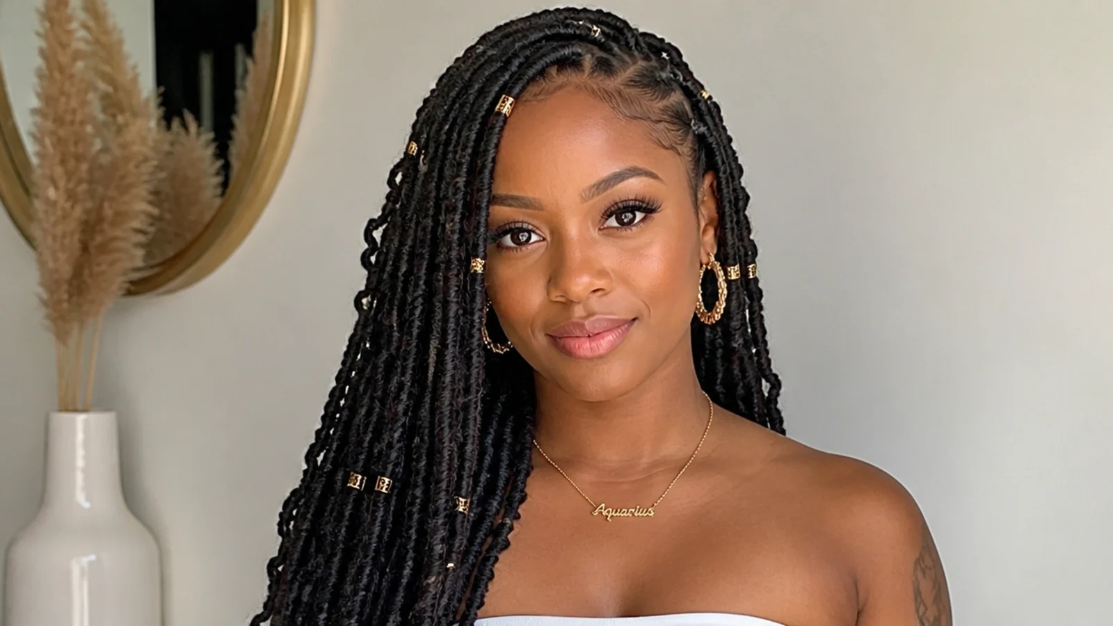 Butterfly locs accessorised with gold cuffs and beads