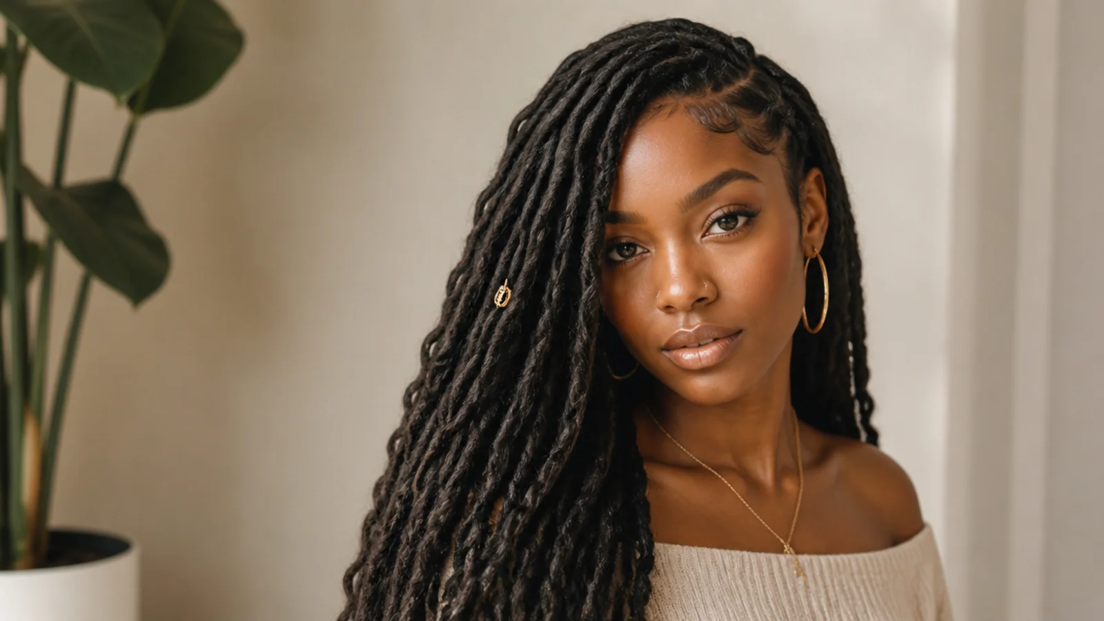 Butterfly locs styled with a deep side part