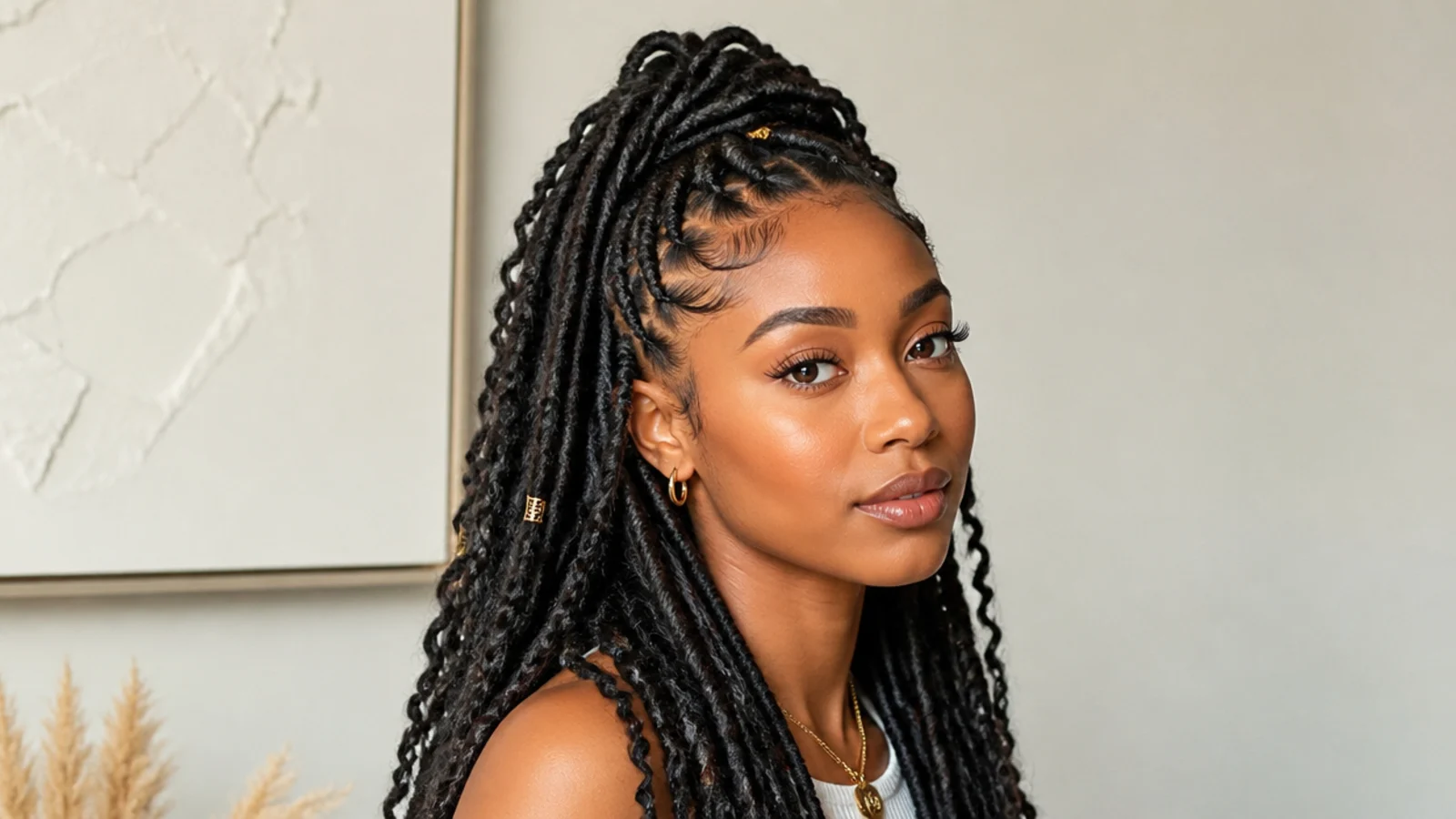 Butterfly locs styled half-up, half-down