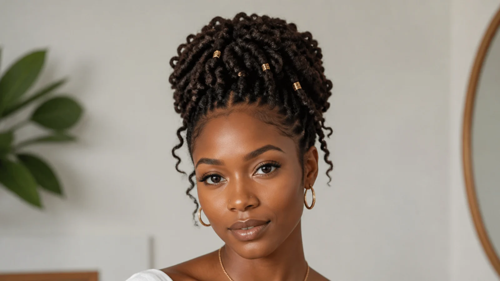 Butterfly locs gathered into an elegant crown updo