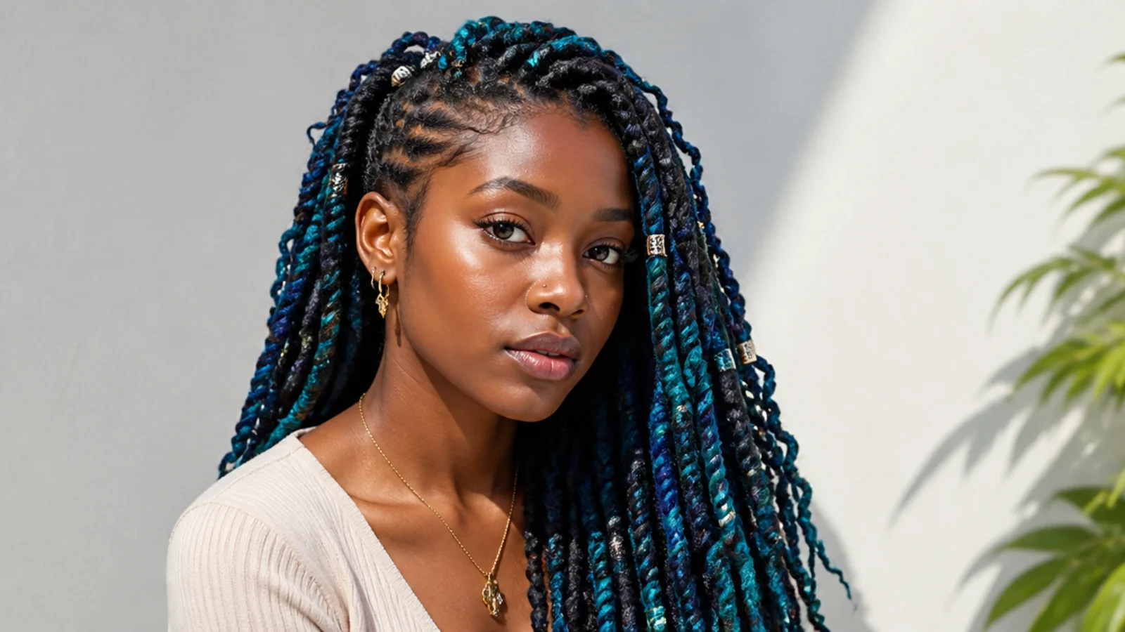 Bold teal and blue butterfly locs