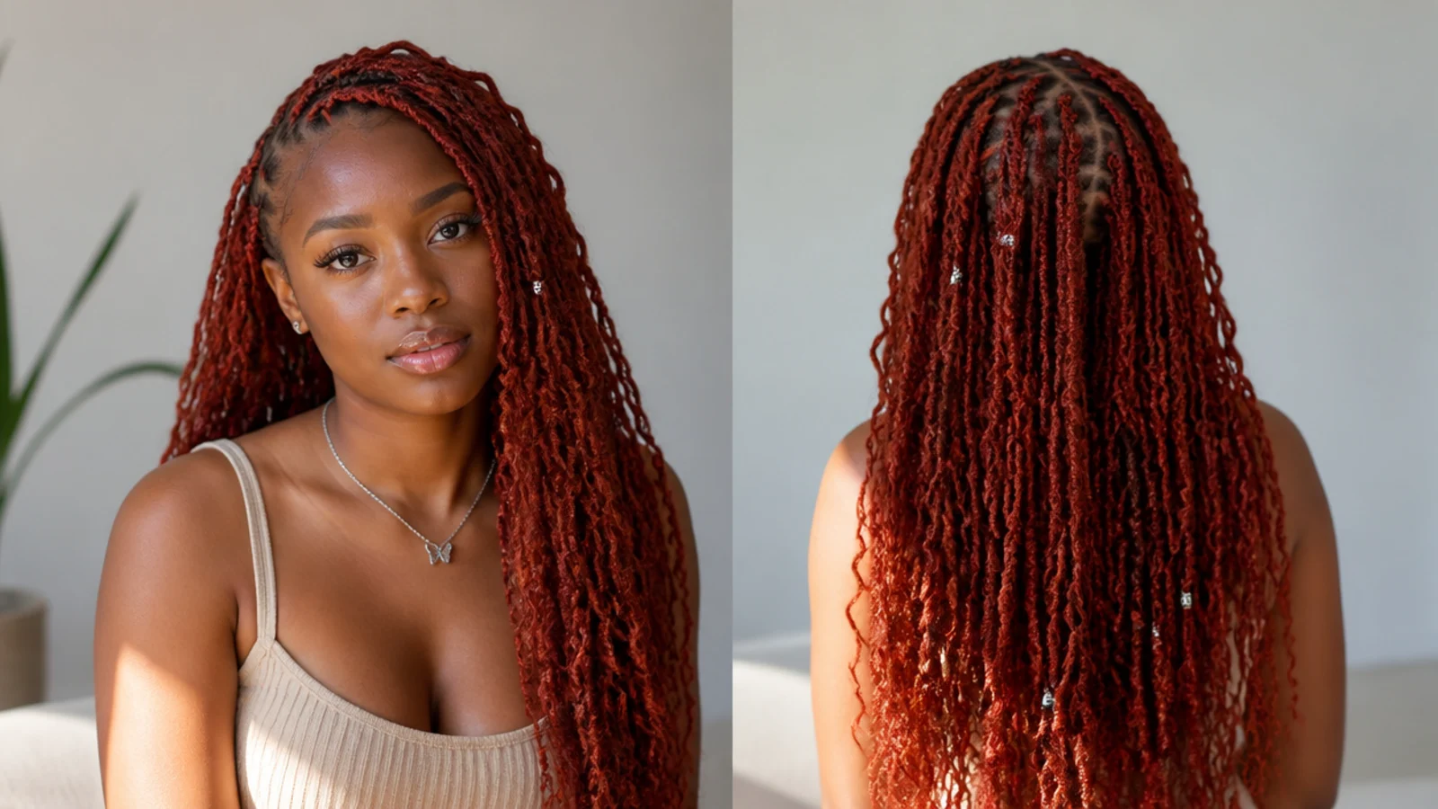 Vibrant red copper butterfly locs