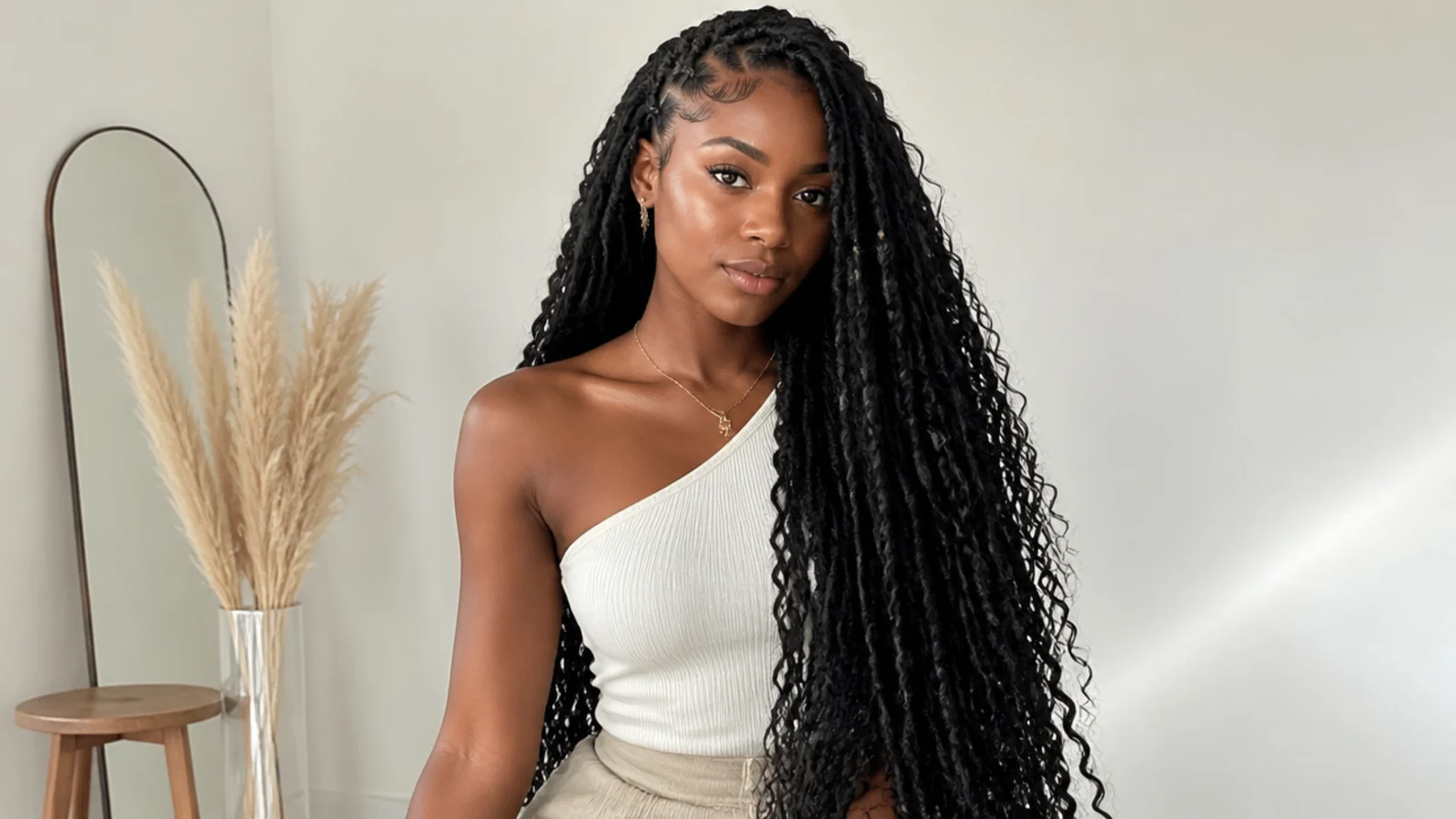 Extra-long goddess-length butterfly locs with curls left out