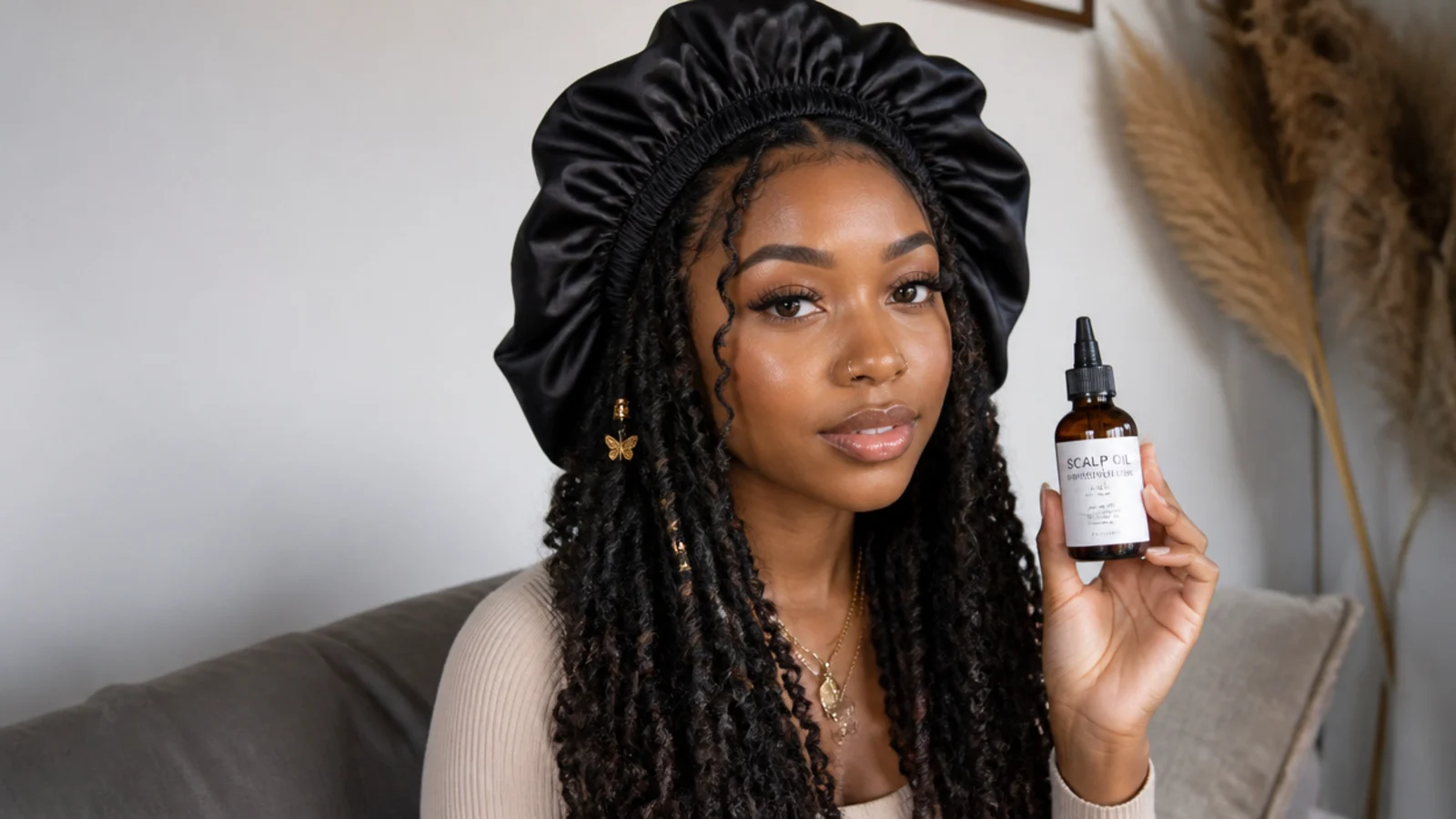 Satin bonnet and scalp oil for butterfly locs care