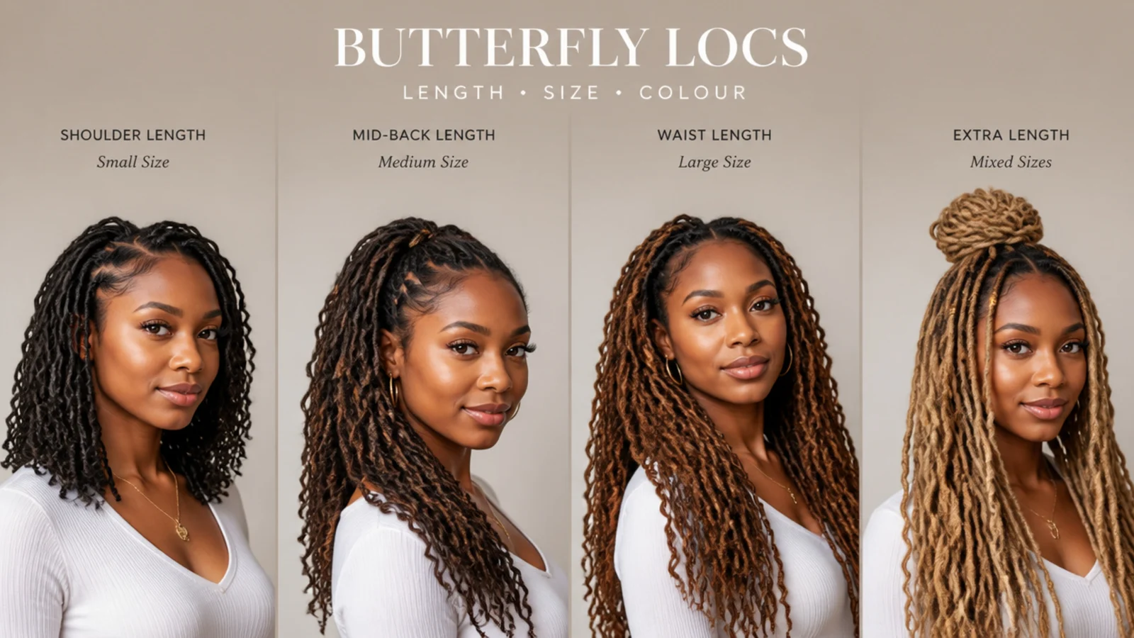 Butterfly locs shown in different lengths, sizes and colours