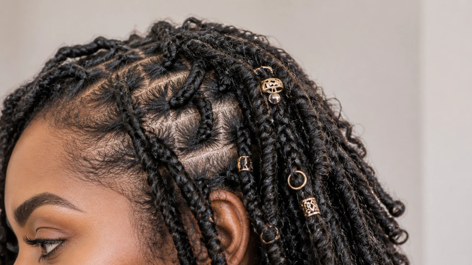 Close-up of the looped, distressed texture of butterfly locs