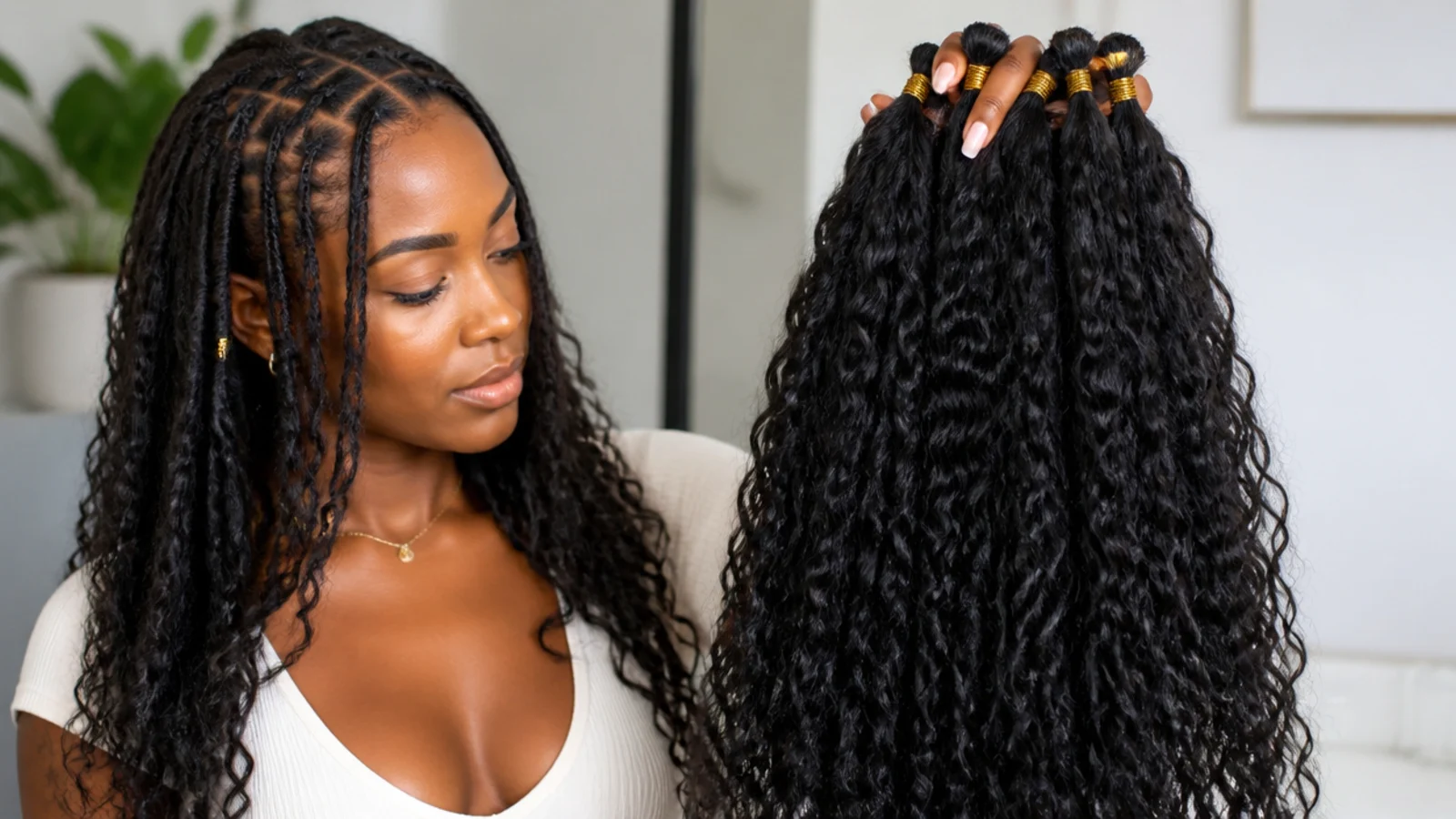Packs of water-wave hair laid out for a butterfly locs install